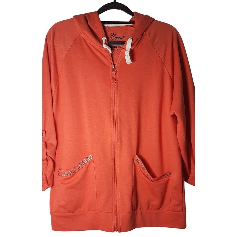 Onque Casuals Women’s Orange Zip Hoodie Jacket Small Rhinestone Trim Pockets